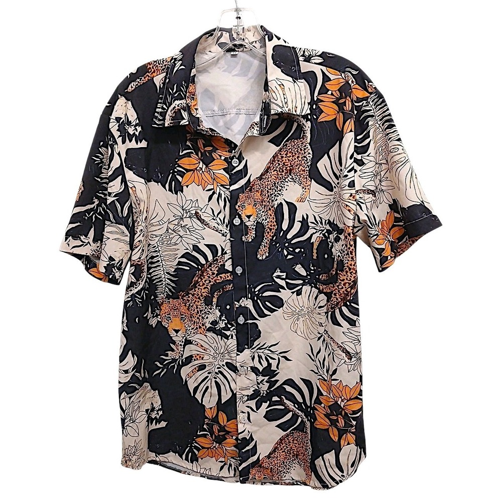 Exotic Leopard Jungle Hawaiian Aloha Tropical Shirt Sz M Black Orange Luau Party